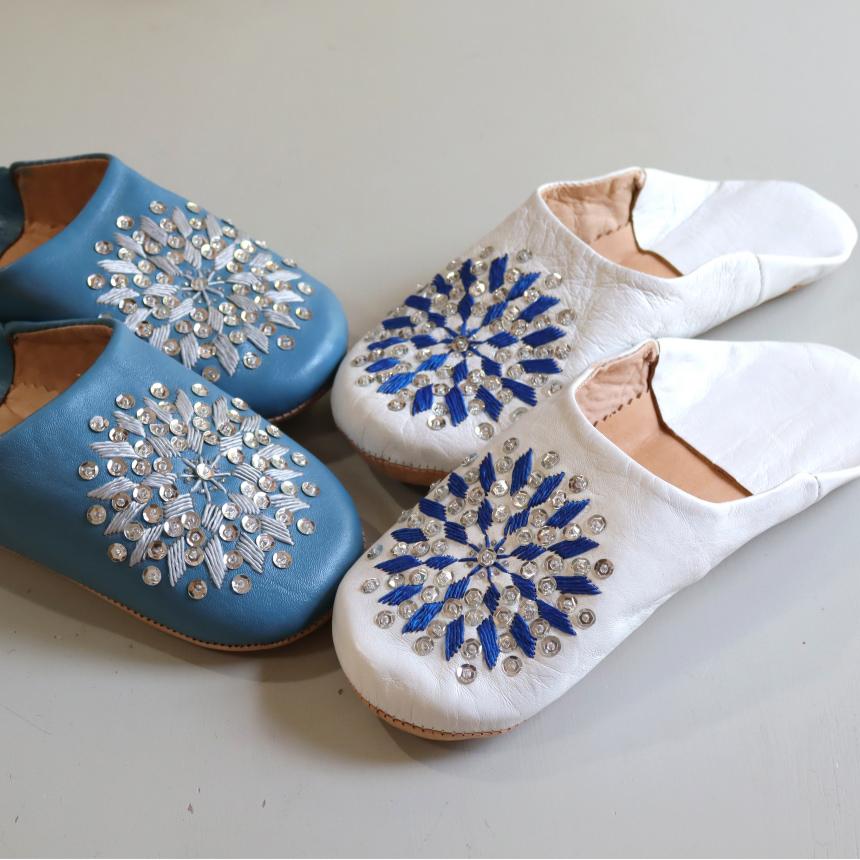 Morocco Babouche バブーシュ　刺繍スパンコール/24cm 白＆青＆シルバー |  | 04