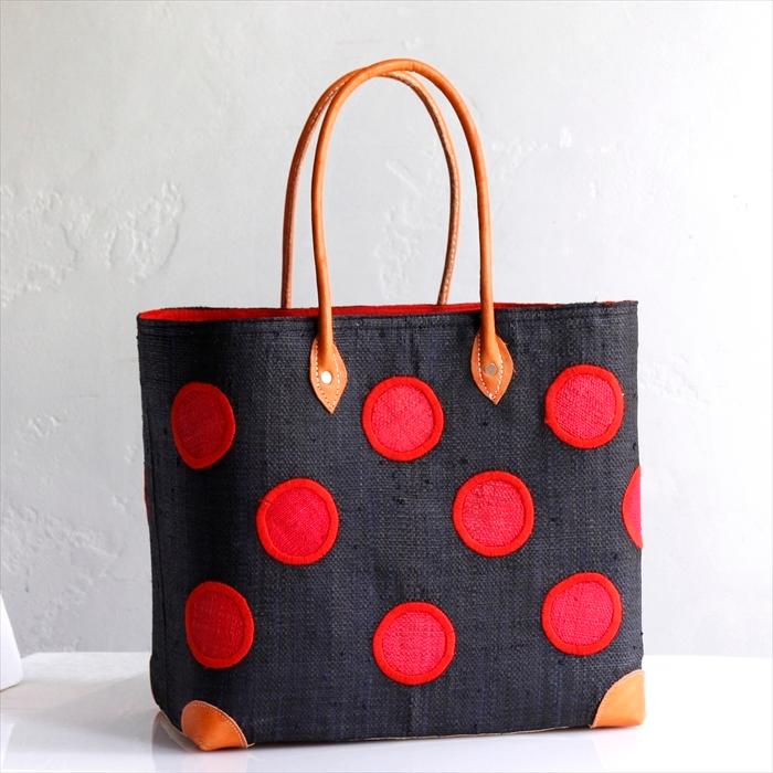 マダガスカル ラフィアのバッグ Lサイズ フレンチ マルシェ バッグ/French Marche Bag/水玉 ドット・ブラック＆レッド | 