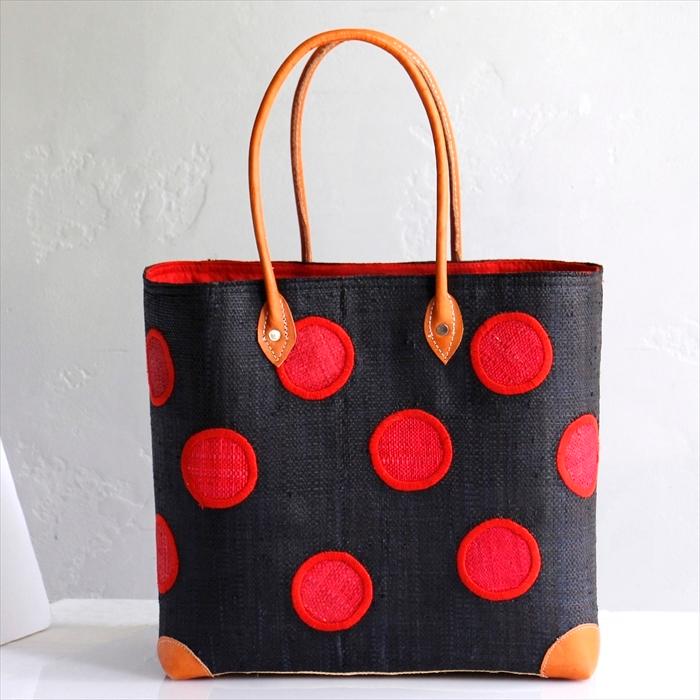 マダガスカル ラフィアのバッグ Lサイズ フレンチ マルシェ バッグ/French Marche Bag/水玉 ドット・ブラック＆レッド |  | 01