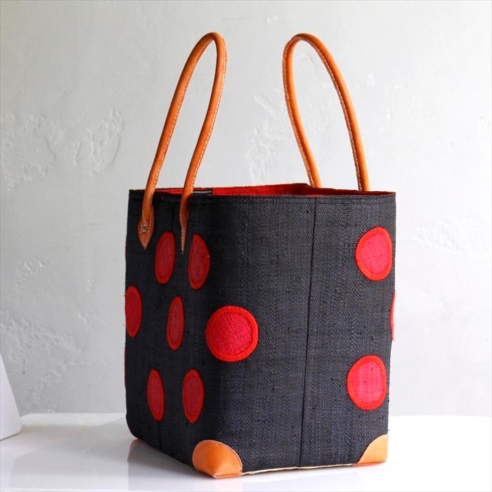 マダガスカル ラフィアのバッグ Lサイズ フレンチ マルシェ バッグ/French Marche Bag/水玉 ドット・ブラック＆レッド |  | 02
