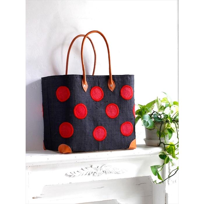 マダガスカル ラフィアのバッグ Lサイズ フレンチ マルシェ バッグ/French Marche Bag/水玉 ドット・ブラック＆レッド |  | 03