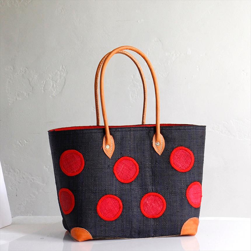 マダガスカル ラフィアのバッグ Mサイズ フレンチ マルシェ バッグ/French Marche Bag/水玉 ドット・ブラック＆レッド | 