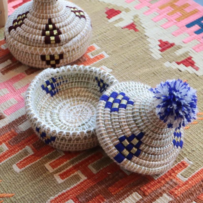 モロッコ バスケット とんがり タジン型 バスケットブルーのポンポン