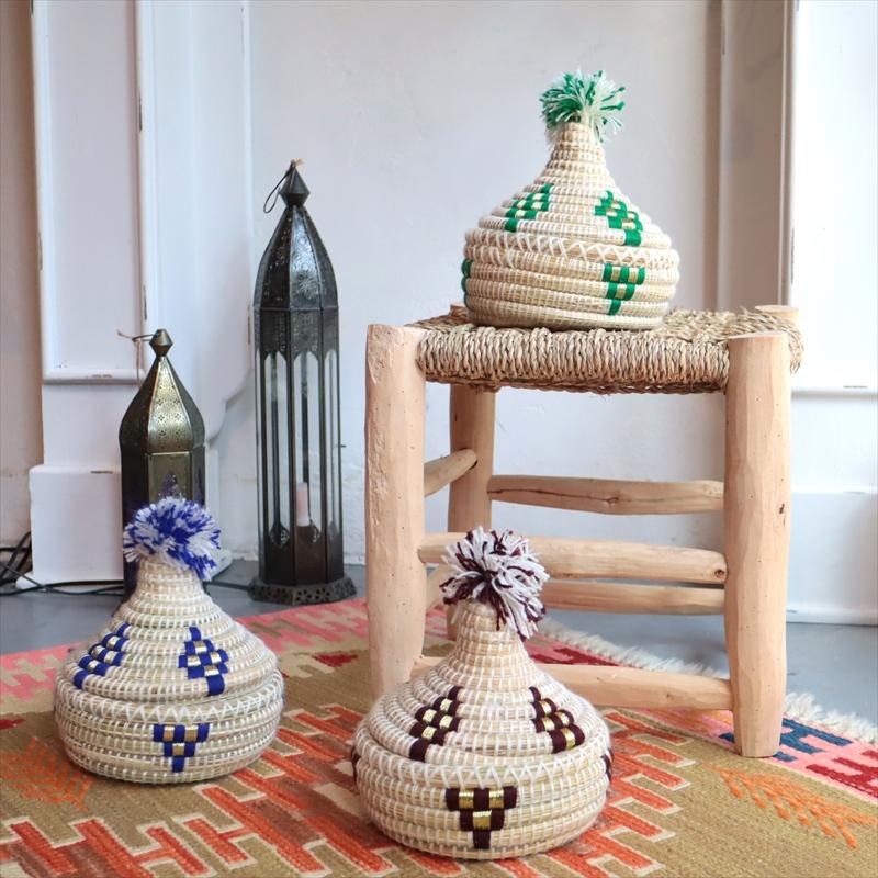 モロッコ バスケット とんがり タジン型 バスケットブルーのポンポン