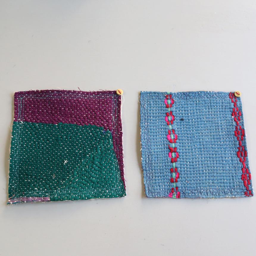 コースター12cm ２枚組　カンタ刺繍 インド刺し子ヴィンテージカンタ | 
