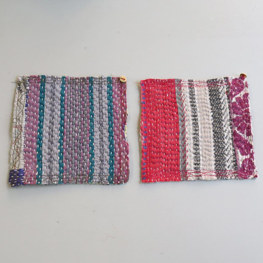 コースター12cm ２枚組　カンタ刺繍 インド刺し子ヴィンテージカンタ | 