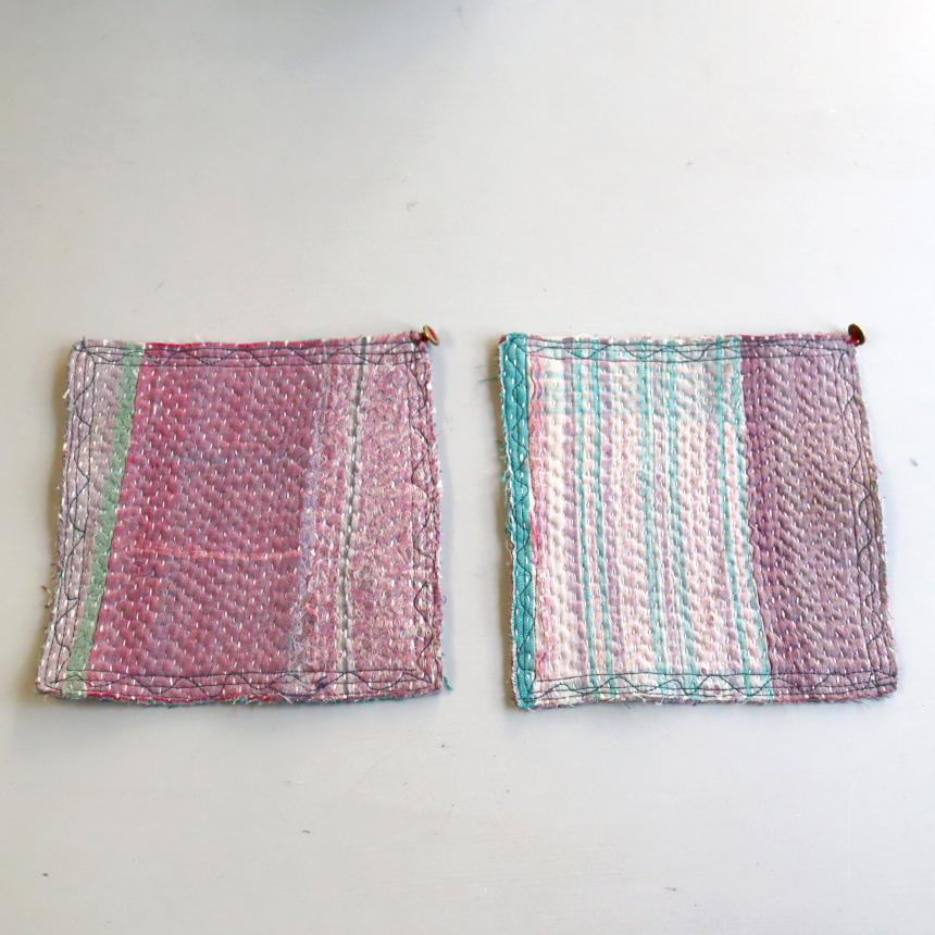 コースター12cm 2枚組 カンタ刺繍 インド刺し子ヴィンテージカンタ