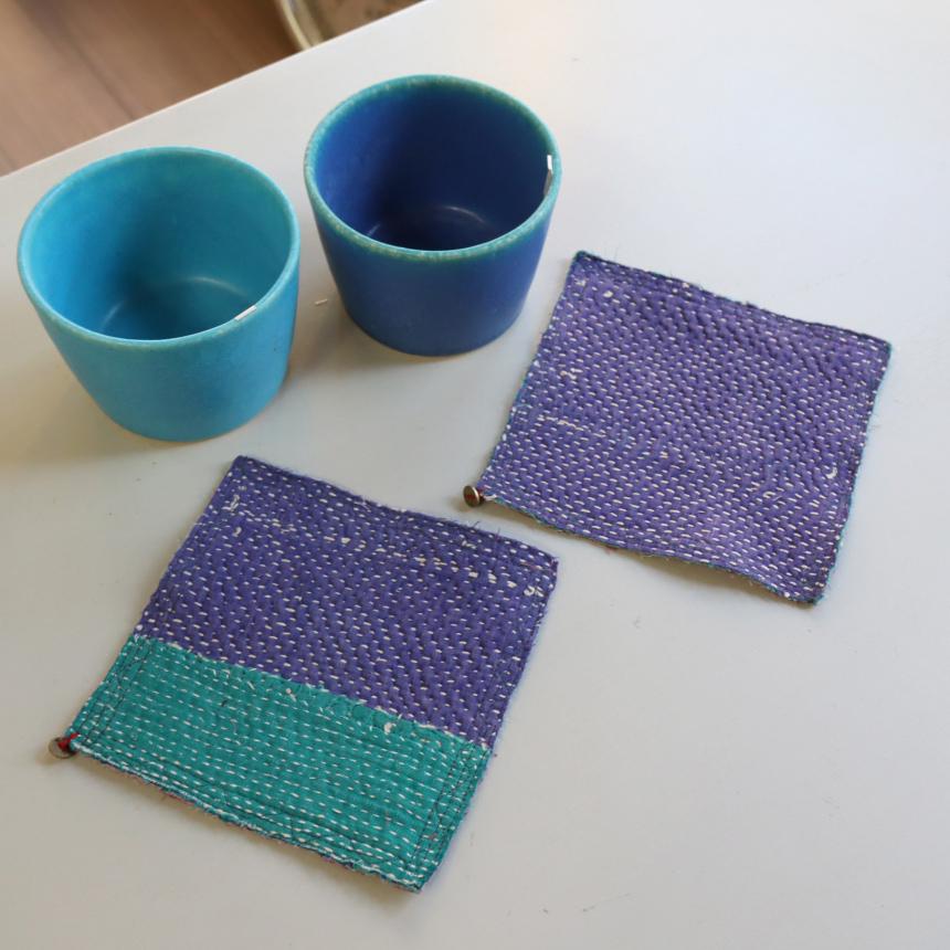 コースター12cm 2枚組 カンタ刺繍 インド刺し子ヴィンテージカンタ