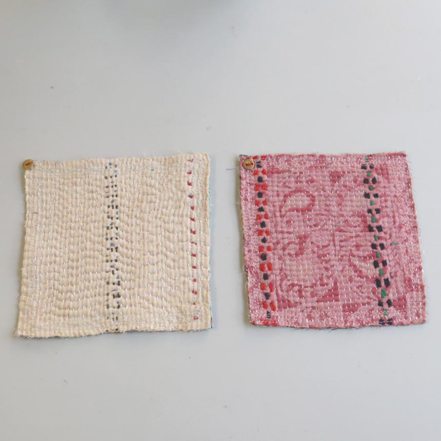 コースター12cm 2枚組 カンタ刺繍 インド刺し子ヴィンテージカンタ
