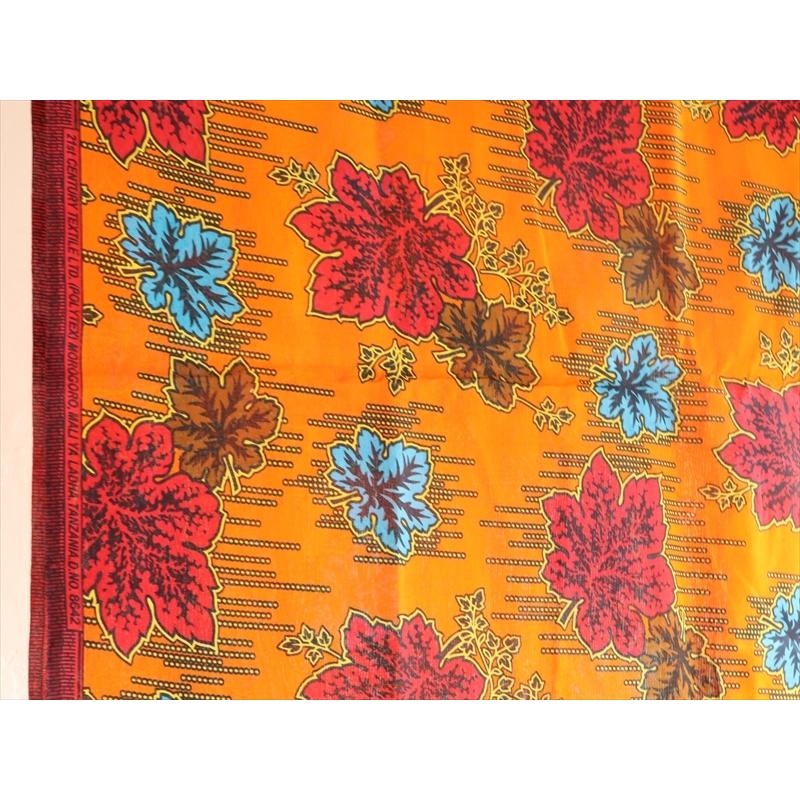 アフリカンプリント布 キテンゲ 97<BR>『センチメンタルリーフ』（オレンジ×赤【95cm単位切り売り】巾105cm | ブランド登録なし | 02