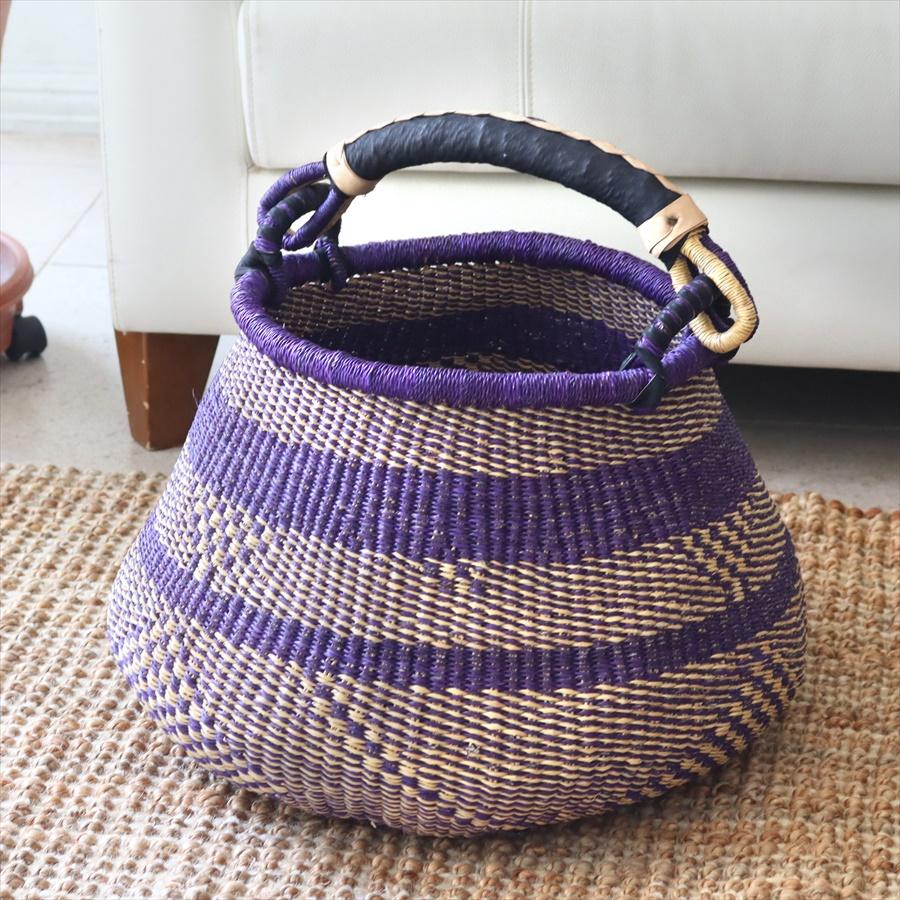 かごバスケット ポットバスケット 直径43cm 羊皮の持ち手 パープル