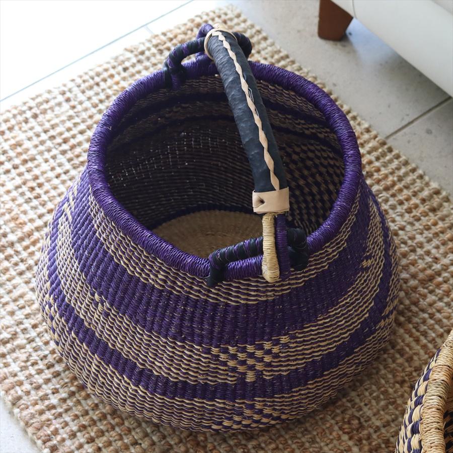 かごバスケット ポットバスケット 直径43cm 羊皮の持ち手 パープル