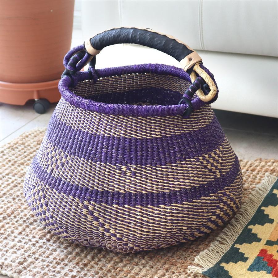 かごバスケット ポットバスケット 直径43cm 羊皮の持ち手 パープル