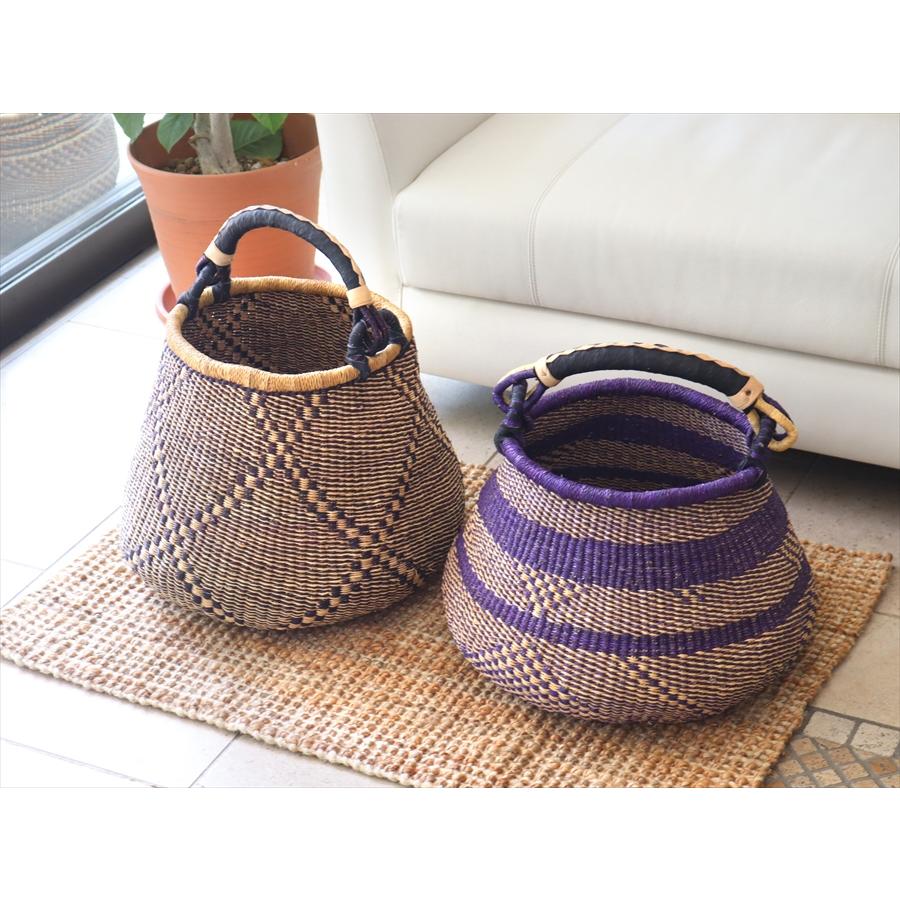 かごバスケット ポットバスケット 直径43cm 羊皮の持ち手 パープル