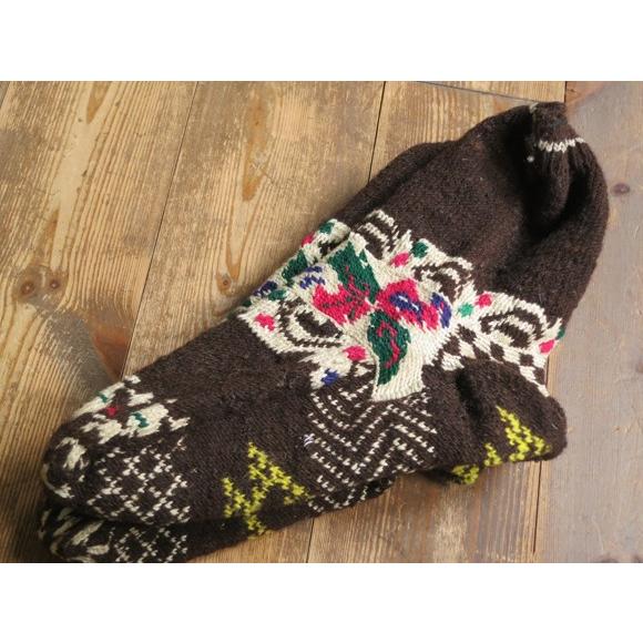 海外正規品 アンティーク ボヘミアン風手編みウール靴下ダークブラウン トルコ 花柄 25cm 人気が高い Atempletonphoto Com