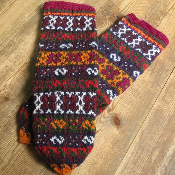 アンティーク トルコ手編みウール靴下ダークレッド オレンジ 小花ボーダー 23cm Carrot Fr