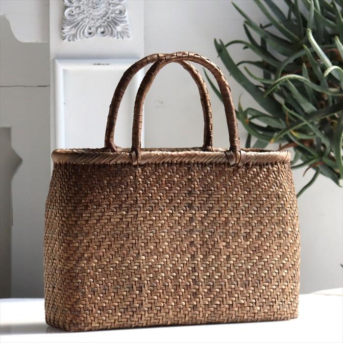 くるみ カゴバッグ/網代編み ひご極細/中サイズ/リネン巾着 ポケット