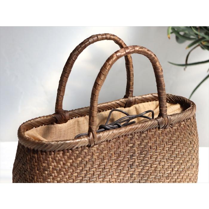 くるみ カゴバッグ/網代編み ひご極細/中サイズ/リネン巾着 ポケット