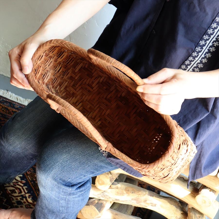 やまぶどう カゴバッグ/連続枡網代編み 4mmひご/白皮 横長型 中サイズ