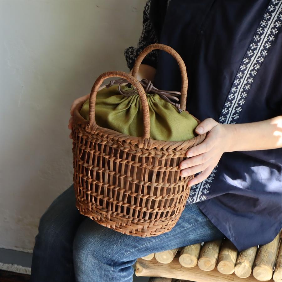 未使用】 かごや 市松編み やまぶどう カゴバッグ 内布/ハンドルカバー