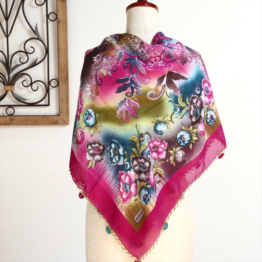 コットンスカーフ スクエア　トルコ伝統のオヤスカーフ花の縁飾り　レース編みのトゥオヤ | ブランド登録なし