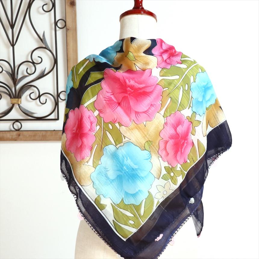 コットンスカーフ スクエア　トルコ伝統のオヤスカーフ花の縁飾り　レース編みのトゥオヤ　ネイビーブルー | ブランド登録なし