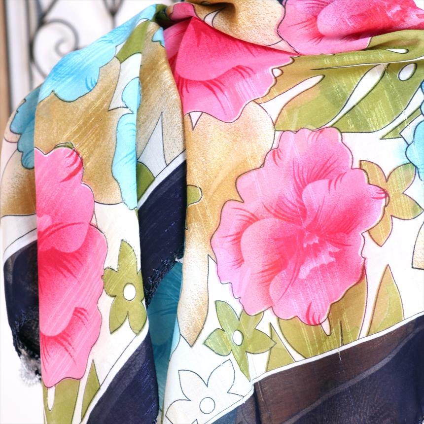 コットンスカーフ スクエア　トルコ伝統のオヤスカーフ花の縁飾り　レース編みのトゥオヤ　ネイビーブルー | ブランド登録なし | 01