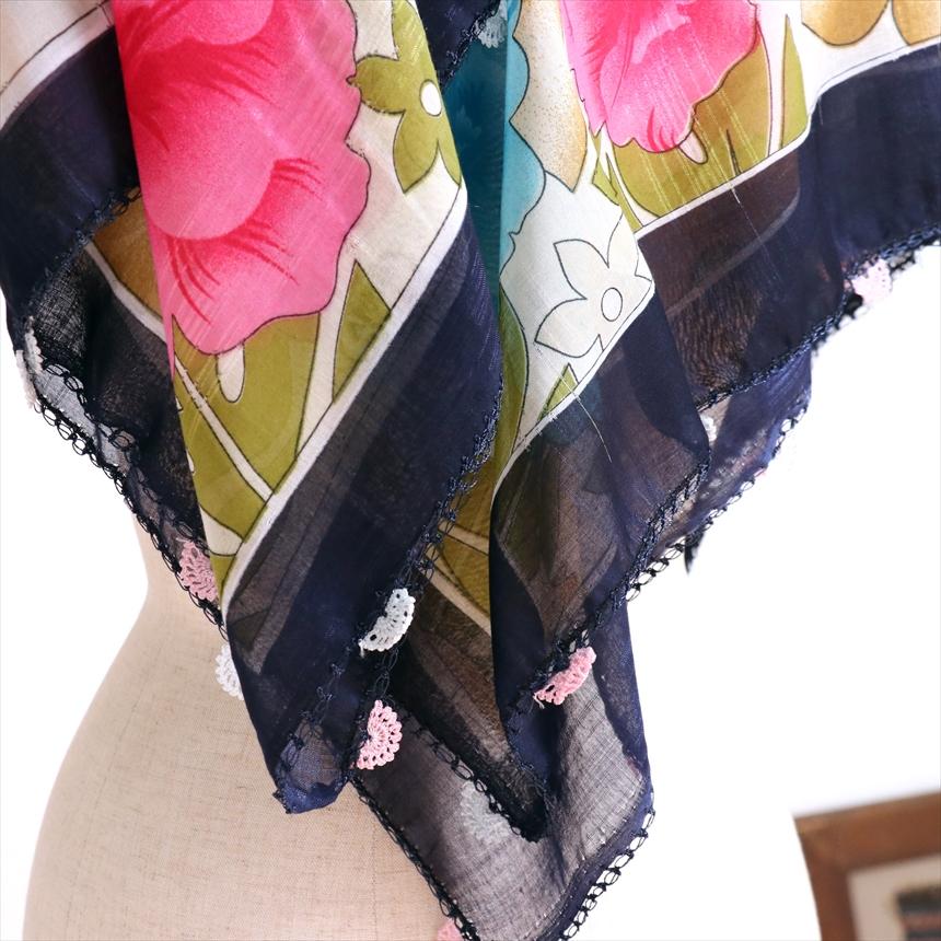 コットンスカーフ スクエア　トルコ伝統のオヤスカーフ花の縁飾り　レース編みのトゥオヤ　ネイビーブルー | ブランド登録なし | 02