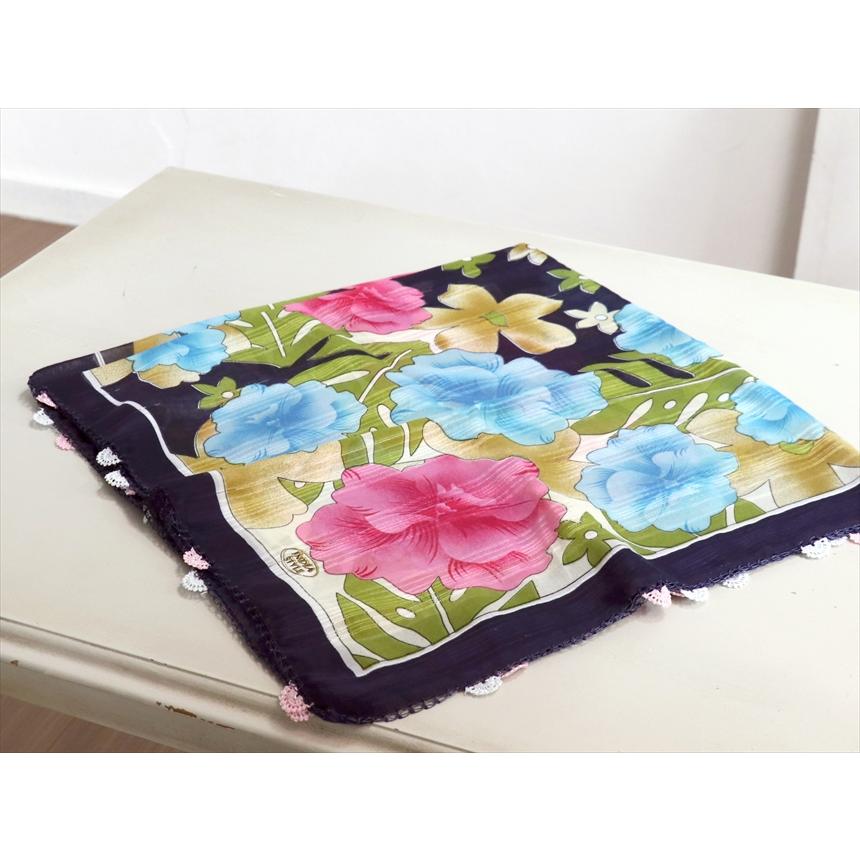 コットンスカーフ スクエア　トルコ伝統のオヤスカーフ花の縁飾り　レース編みのトゥオヤ　ネイビーブルー | ブランド登録なし | 03