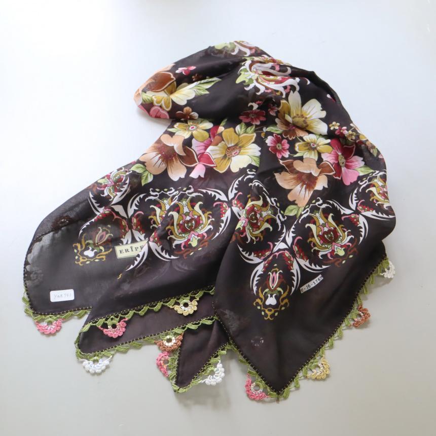 オヤスカーフ ヤズマ　正方形　トルコレース編みトゥオヤ　花のモチーフ　ダークブラウン | ブランド登録なし