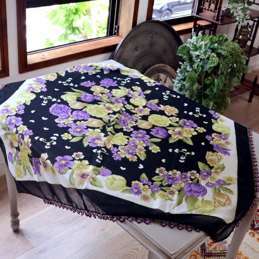 オヤスカーフ ヤズマ　正方形　トルコレース編みトゥオヤ　花のモチーフ　ブラック【一部飾りがありません】 | ブランド登録なし | 01