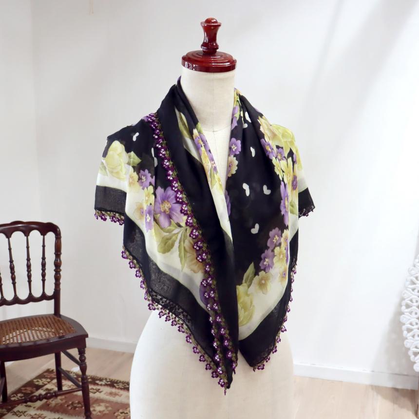 オヤスカーフ ヤズマ　正方形　トルコレース編みトゥオヤ　花のモチーフ　ブラック【一部飾りがありません】 | ブランド登録なし | 03
