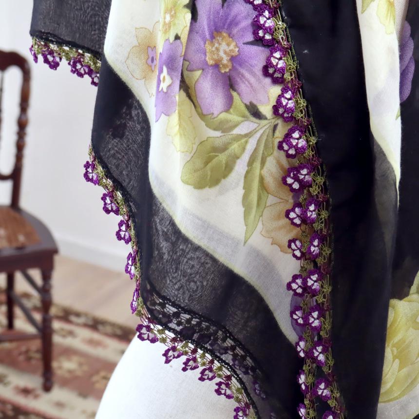 オヤスカーフ ヤズマ　正方形　トルコレース編みトゥオヤ　花のモチーフ　ブラック【一部飾りがありません】 | ブランド登録なし | 04