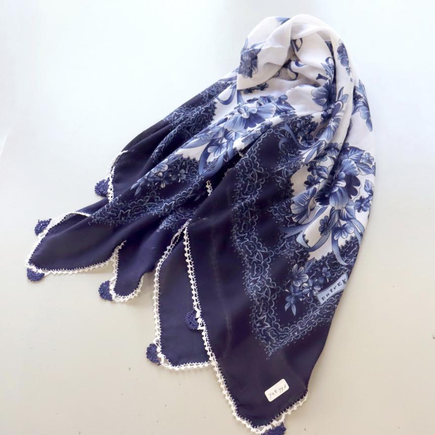 オヤスカーフ ヤズマ　正方形　トルコレース編みトゥオヤ　花のモチーフ　ネイビーブルー | ブランド登録なし