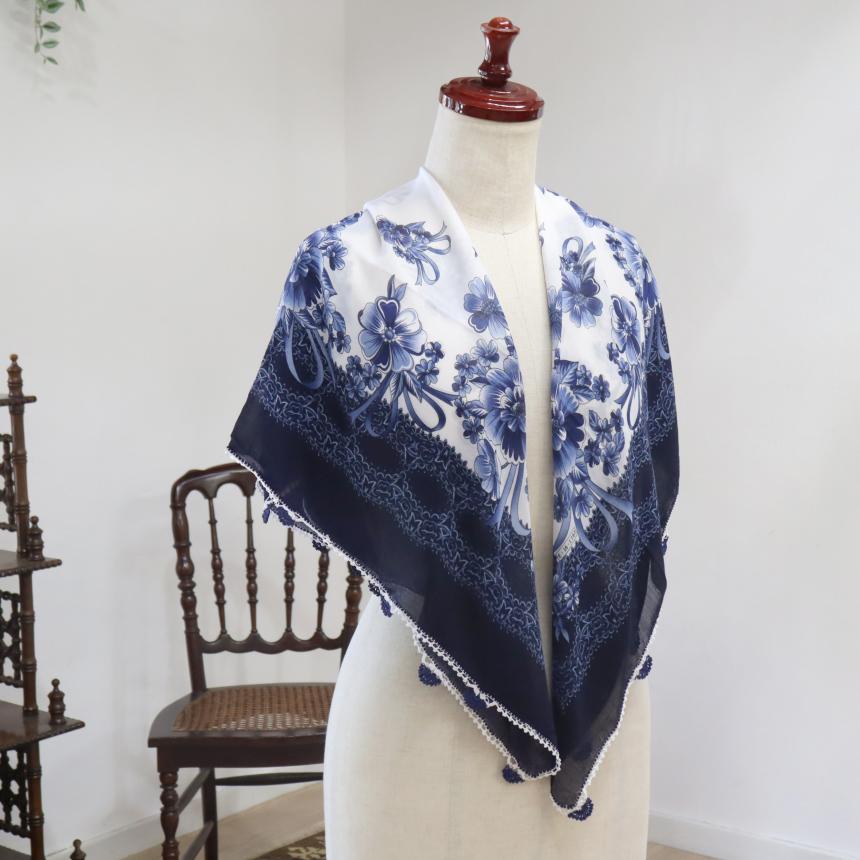 オヤスカーフ ヤズマ　正方形　トルコレース編みトゥオヤ　花のモチーフ　ネイビーブルー | ブランド登録なし | 03