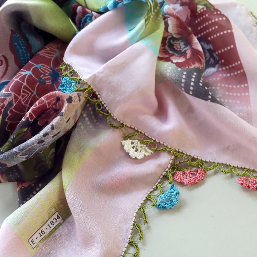 オヤスカーフ ヤズマ　正方形　トルコレース編みトゥオヤ　花のモチーフ　ペールピンク　グラデーション | ブランド登録なし | 02