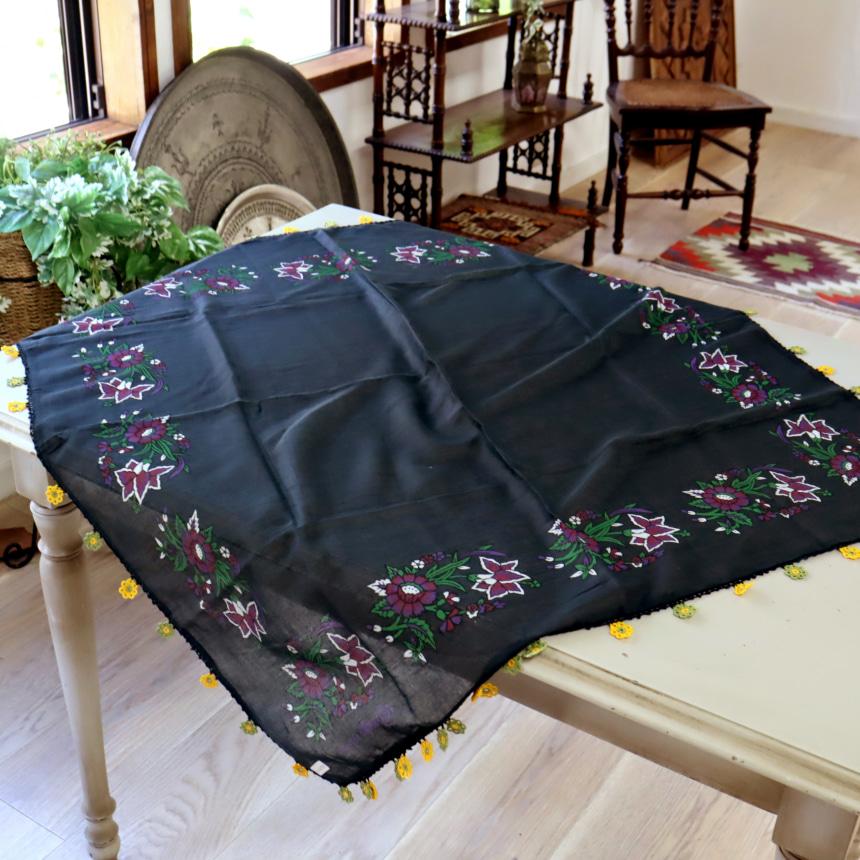 オヤスカーフ ヤズマ　正方形　トルコレース編みトゥオヤ　花のモチーフ　ブラック | ブランド登録なし | 01