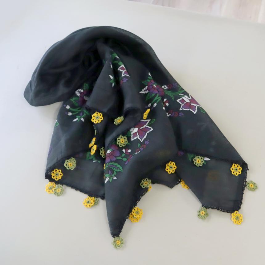 オヤスカーフ ヤズマ　正方形　トルコレース編みトゥオヤ　花のモチーフ　ブラック | ブランド登録なし | 03