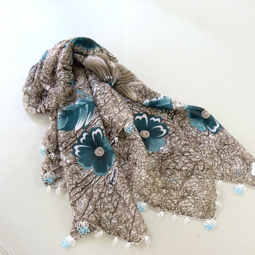 オヤスカーフ ヤズマ　正方形　トルコレース編みイーネオヤ　繊細なモチーフ　グレー/ペトロ―ルグリー | ブランド登録なし