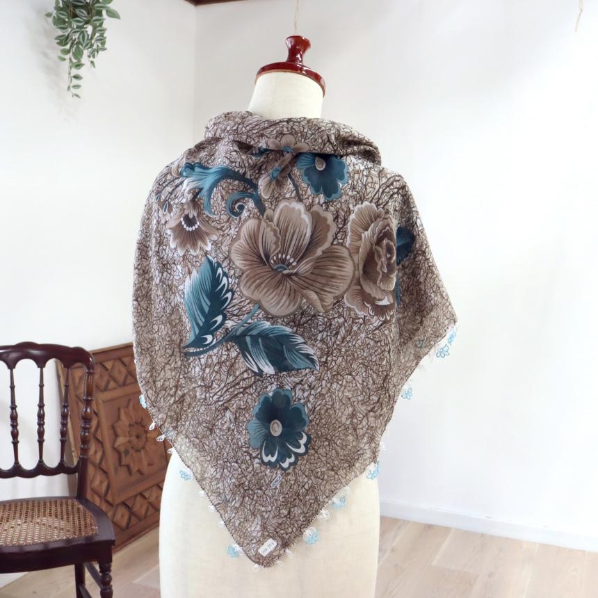 オヤスカーフ ヤズマ　正方形　トルコレース編みイーネオヤ　繊細なモチーフ　グレー/ペトロ―ルグリー | ブランド登録なし | 03