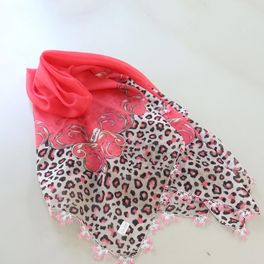 オヤスカーフ ヤズマ　正方形　トルコレース編みイーネオヤ　繊細なモチーフ　華やかなピンク　ヒョウ柄 | ブランド登録なし