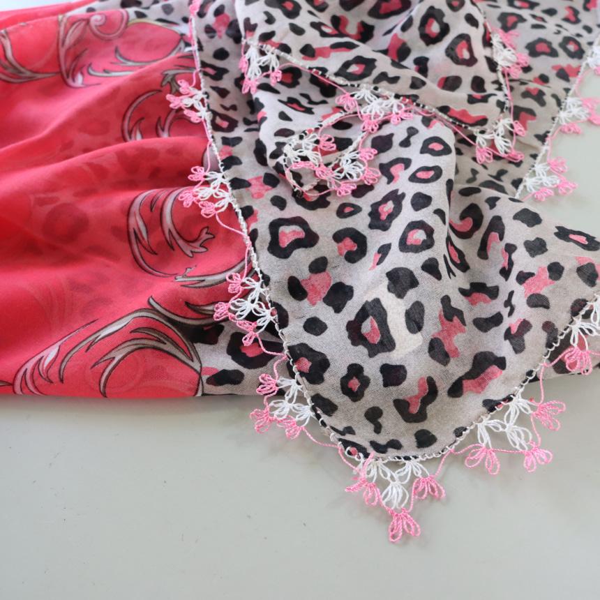 オヤスカーフ ヤズマ　正方形　トルコレース編みイーネオヤ　繊細なモチーフ　華やかなピンク　ヒョウ柄 | ブランド登録なし | 02