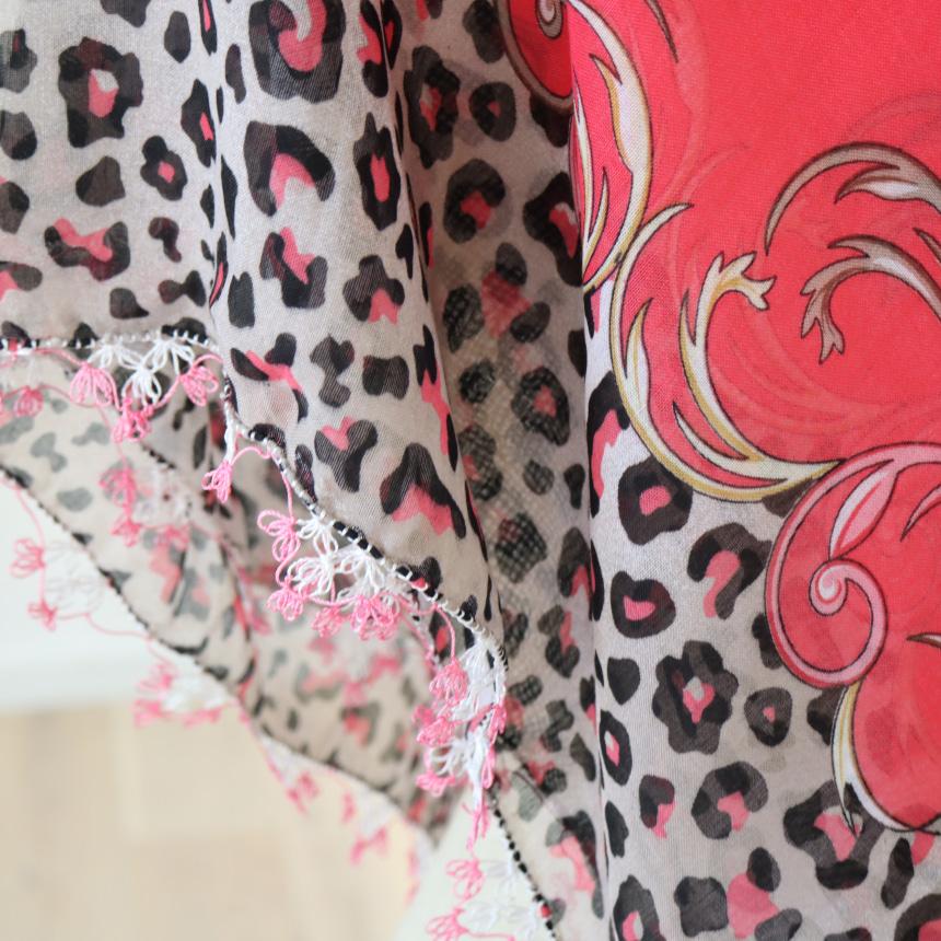 オヤスカーフ ヤズマ　正方形　トルコレース編みイーネオヤ　繊細なモチーフ　華やかなピンク　ヒョウ柄 | ブランド登録なし | 04