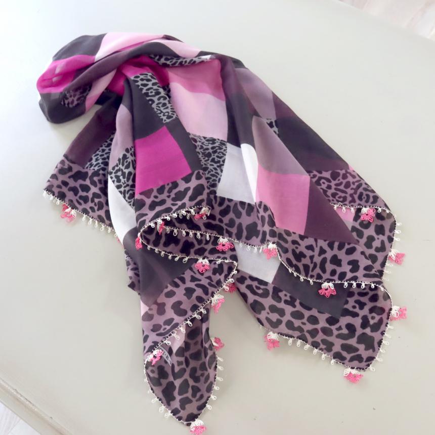 オヤスカーフ ヤズマ　正方形　トルコレース編みイーネオヤ　繊細なモチーフ　　ブラック/ピンク | ブランド登録なし | 03