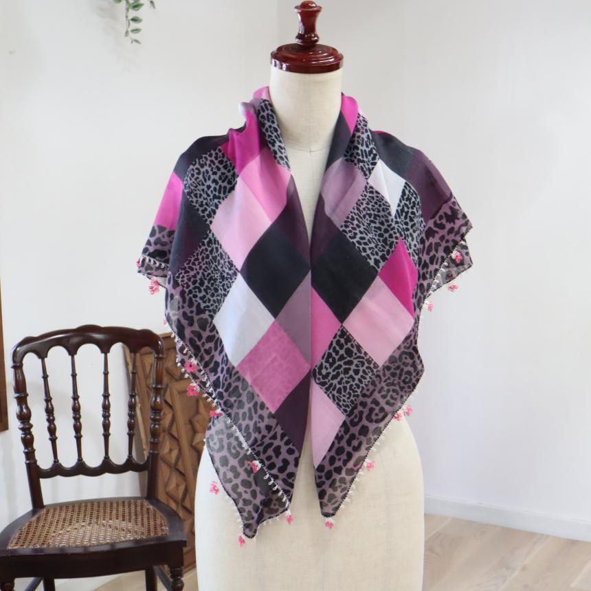 オヤスカーフ ヤズマ　正方形　トルコレース編みイーネオヤ　繊細なモチーフ　　ブラック/ピンク | ブランド登録なし | 04