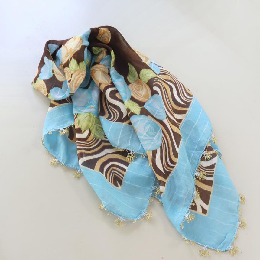 オヤスカーフ ヤズマ　正方形　トルコレース編みイーネオヤ　繊細なモチーフ　ブラウン/水色 | ブランド登録なし