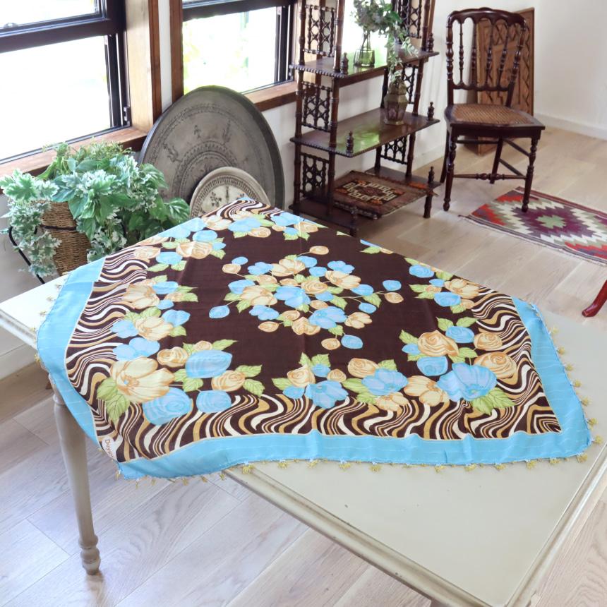 オヤスカーフ ヤズマ　正方形　トルコレース編みイーネオヤ　繊細なモチーフ　ブラウン/水色 | ブランド登録なし | 01