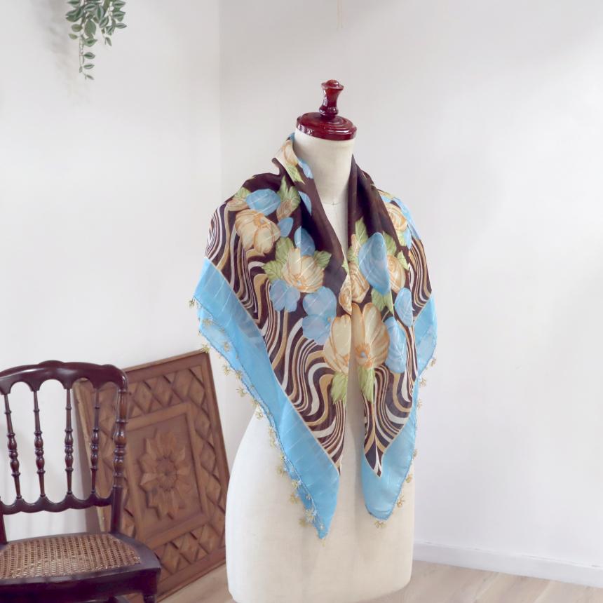 オヤスカーフ ヤズマ　正方形　トルコレース編みイーネオヤ　繊細なモチーフ　ブラウン/水色 | ブランド登録なし | 03