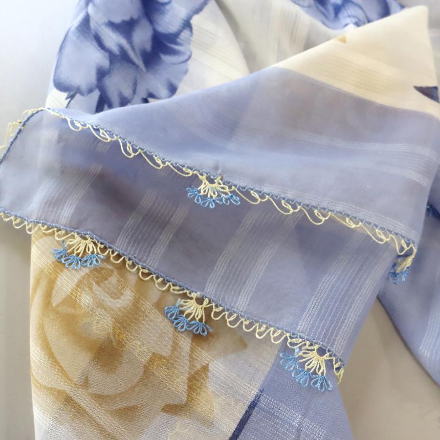 オヤスカーフ ヤズマ　正方形　トルコレース編みイーネオヤ　繊細なモチーフ　サックスブルー | ブランド登録なし | 02