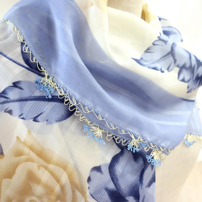 オヤスカーフ ヤズマ　正方形　トルコレース編みイーネオヤ　繊細なモチーフ　サックスブルー | ブランド登録なし | 04